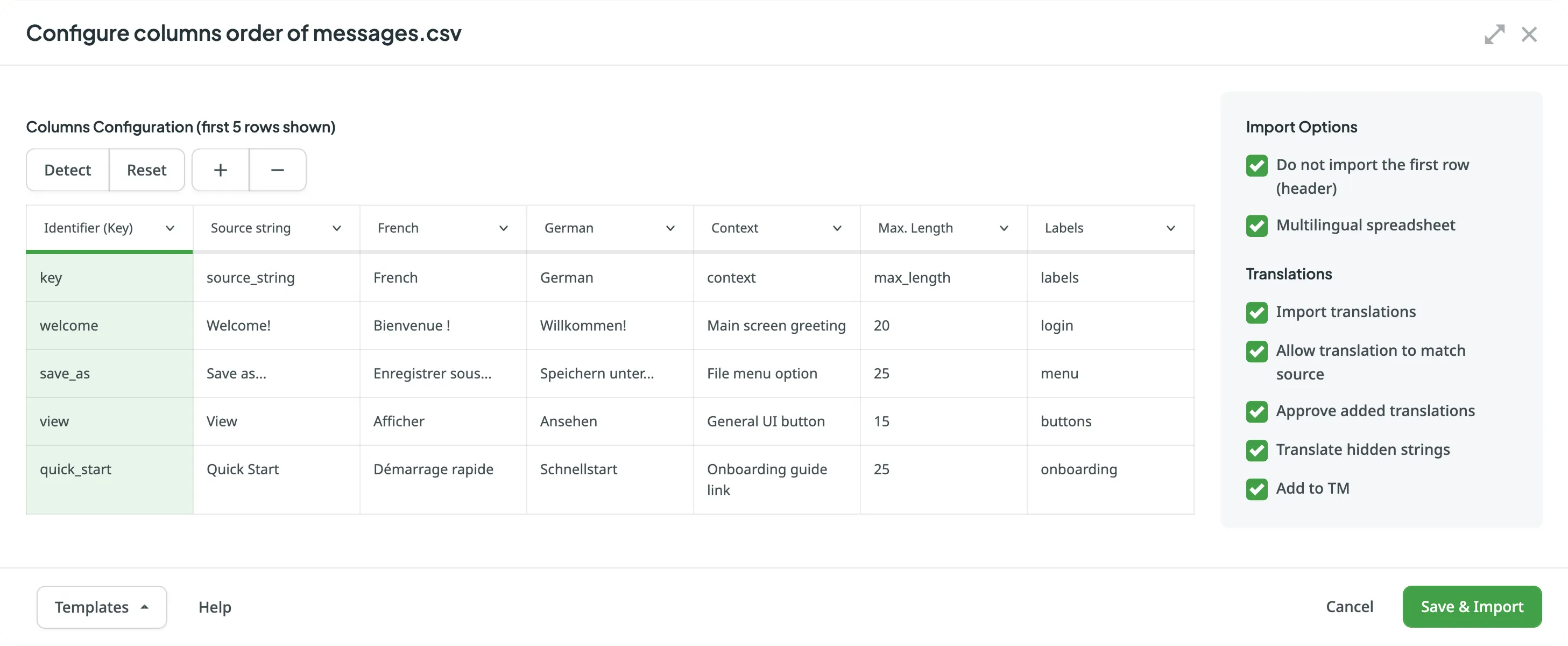 Detailed configuration dialog for a CSV file